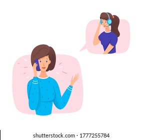 Woman calling at hotline call centre, need help operator. Young girl in headset answer the questions, consultation clients, customer support department staff. Vector character illustration