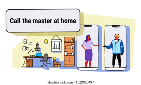 woman calling master at home using mobile app house renovation concept living room interior male female cartoon characters full length colorful sketch flow style horizontal