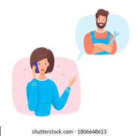 Woman calling plumber. Handyman with instrument in uniform. Female customer calls repair service, husband for an hour, helping with housework, home service order. Vector character illustration