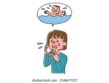 A woman calling a rescue team on the phone Comical handwritten person Vector, line drawing in color
