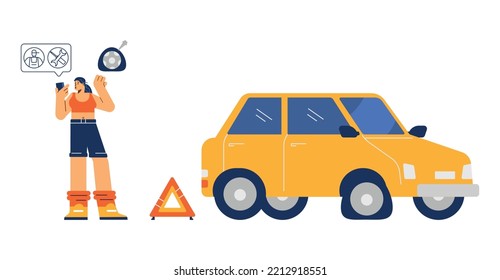 Mujer llamando a servicios de carreteras para reparación de autos de emergencia, ilustración vectorial de caricatura plana aislada en fondo blanco. Concepto de asistencia técnica en carretera.