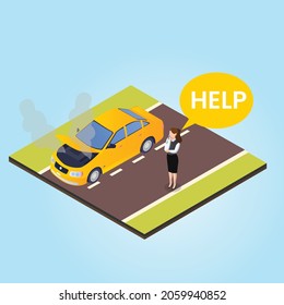 Woman Calling Roadside Assistance Next To Her Broken Down Car 3d Isometric Vector Illustration Concept For Banner, Website, Landing Page, Ads, Flyer Template