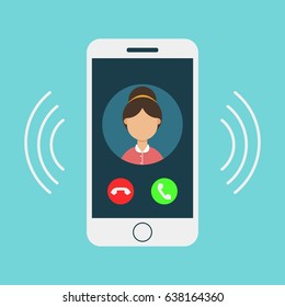 the woman calling smartphone, vector flat illustration, call profile, incoming