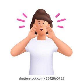 Woman calling for someone or screaming, holds hands near face. 3d vector people character. Cartoon minimal style.