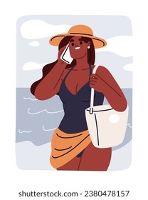 Mujer llamando, hablando por teléfono móvil en las vacaciones de verano. Chica negra feliz hablando con smartphone, relajándose en la playa, en el balneario de vacaciones. Chat por teléfono durante el descanso. Ilustración vectorial plana