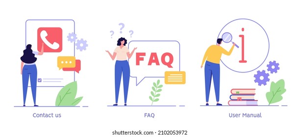 Woman calling support service. User finding answer in faq. Man reading user manual. Set of contact us, user guide, faq, questions and answers. Collection of vector flat illustration for banner, UI