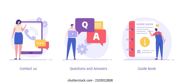 Woman calling support service. User asking question in support chat. Man read user manual. Set of contact us, guide book, faq, questions, answers. Collection of vector flat illustration for banner UI