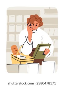 Woman calling, talking on mobile phone while shopping in grocery store. Female customer choosing, buying food products in supermarket and speaking on cellphone, smartphone. Flat vector illustration