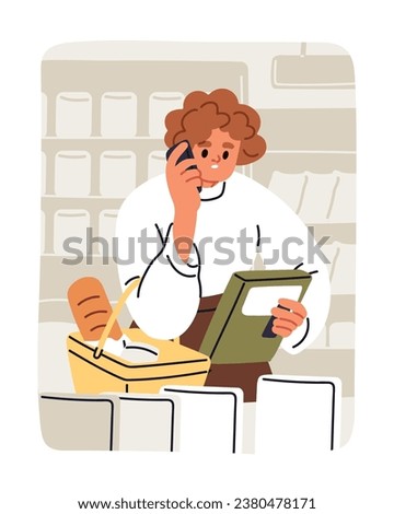 Woman calling, talking on mobile phone while shopping in grocery store. Female customer choosing, buying food products in supermarket and speaking on cellphone, smartphone. Flat vector illustration