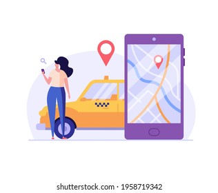 Woman calling a taxi, checking where the car is. Concept of taxi service, geolocation, convenient use, car, driver. Vector illustration in flat design for mobile app, web banner.