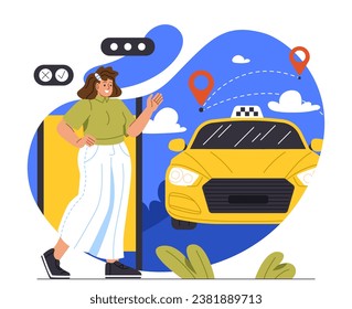 Woman calling taxi concept. Young girl near smartphone and yellow car. Travel and tourism, trip. Tourist with urban infrastructure. Cartoon flat vector illustration isolated on white background