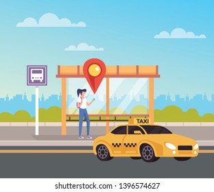 Woman calling taxi and waiting. Internet taxi cab service concept. Vector flat graphic design cartoon illustration
