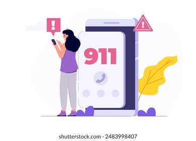 Woman calls 911 concept. Vector flat illustration.
