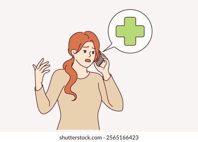 Woman calls 911 and calls for emergency medical help during personal emergency. Girl with mobile phone talks to 911 or doctor describing symptoms of disease and trying to get telemedicine diagnosis