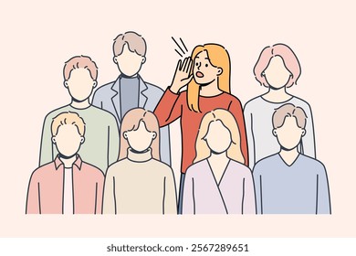 Woman calls for help standing among faceless crowd, feeling loneliness and stress due to lack of friends. Problem loneliness caused by social withdrawal and phobia associated with psychological trauma