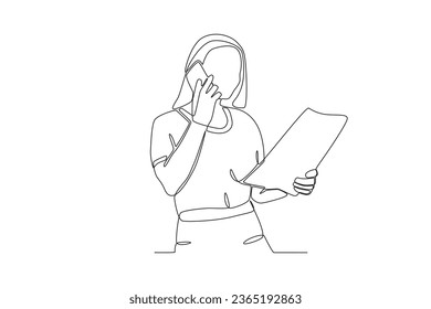 A woman calls her business partner. Dia de la mujer emprendedora one-line drawing