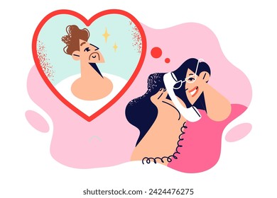 Woman calls loved man on phone, arranging upcoming date and confessing mutual sympathy. Girl talks with boyfriend, enjoying communication with loved one and compliments she receives.