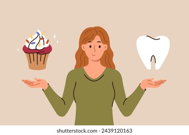 La mujer llama a pensar en el problema de las caries causadas por comer alimentos dulces, sostiene un diente gigante y un muffin en las manos. La niña duda si debe comer postre debido al riesgo de caries.