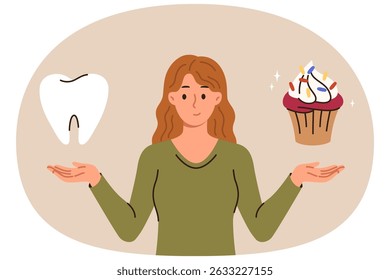 Woman calls to think about problem of caries caused by eating sweet foods, holds giant tooth and muffin in hands. Young girl doubts whether should eat dessert because of risk of caries.