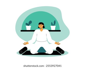 Woman with calm expression doing meditation on mat in white long dress, hands position like mudra on the side, sitting with knees supported by yoga pillow, vector illustration.