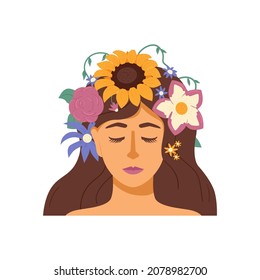 Woman with calm face and blooming flowers on the head, flat vector illustration isolated on white background. Concept of mental health, positive thinking and self care.