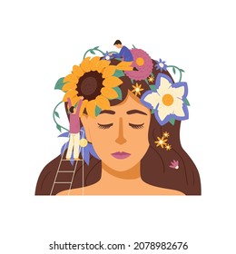 Woman with calm face and flowers on head as mental health symbol, flat vector illustration isolated on white background. Psychologist or psychotherapist takes care of abstract flowers.