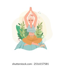  Woman calm and relaxed, mental health, self care or meditation. Vector illustration in flat style