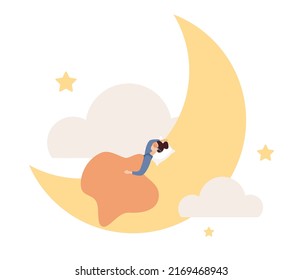 Woman in calm sleep on moon in night sky with stars and clouds. Good night. Sweet dreams. Sleeping, dreaming or relaxing concept. Vector flat illustration 