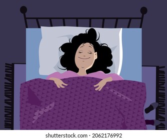 Woman calmly smiles in her sleep, view from top, EPS 8 vector illustration