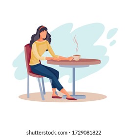 woman came to a cafe on a date and sits alone at a square table and waits, isolated object on a white background,