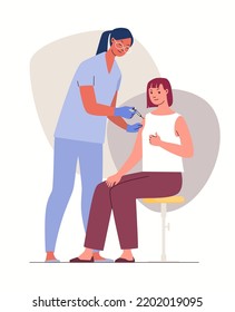 Woman came to vaccination. Nurse gives injection in shoulder to patient. Vector illustration. Flat cartoon characters.