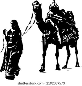 Woman with camel in desert silhouette, woman of rajasthan with camel sketch drawing