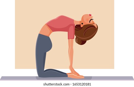 Woman in Camel Pose Doing Yoga on a Mat. Girl exercising practicing stretching for flexibility
