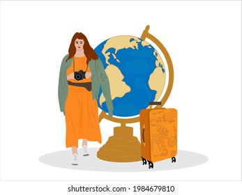 A woman with a camera around her neck and a travel suitcase against the backdrop of the globe and an airplane.