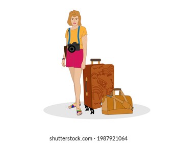 Woman with a camera around her neck and travel suitcase and bag on a white isolated background. Illustration of beners and postcards for tourists, vacations, vacations and business travel.