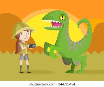woman with camera and dinosaur raptor