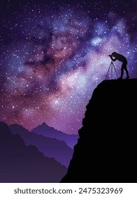 Woman with camera on cliff. Night photography. Milky Way, starry sky