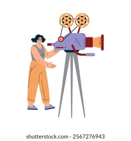 Woman with Camera on Tripod at Shooting Film Movie Production Scene Vector Illustration