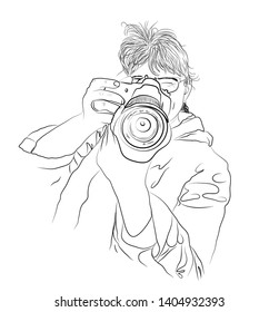 A woman with a camera, a photographer, millennials. a sketch,