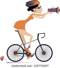 Woman with a camera riding a bike.
Cycling woman with a camera making a photo. Illustration on white background
