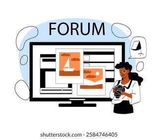 Woman with a camera sharing photos on an online forum, displayed on a computer screen. Modern digital communication and content creation concept