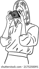 Woman with camera take photo Hand drawn Line art Illustration