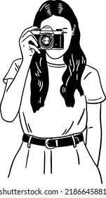 Woman with Camera take photo People hobby Hand drawn line art Illustration