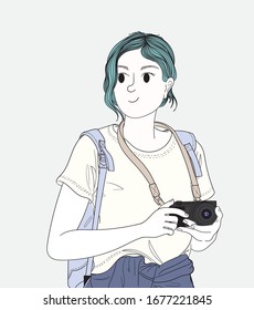 Woman  with a camera to take pictures outdoors.Doodle art concept,illustration painting