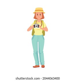 Woman with camera tourist or traveler, flat vector illustration isolated on white background. Reporter or tourer photographing nature and sightseeing. - Shutterstock ID 2044063400