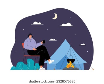 Mujer acampando sola, bebiendo agua caliente mientras cocina, acampando ilustraciones vectoriales.