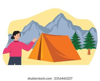Woman camping with mountain view in forest,adventure trip to relax her mind from busy life.Flat illustration