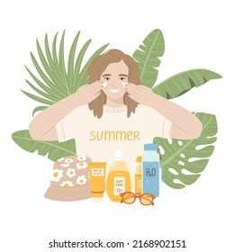 Woman can face sunscreen with SPF. Concept protection uv radiation. Illustration with girl, cream, spray, tube and sunglasses. Skin care products. Summer cosmetic in flat style. Vector