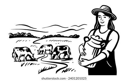 Woman with can of milk in village. Rural landscape young female