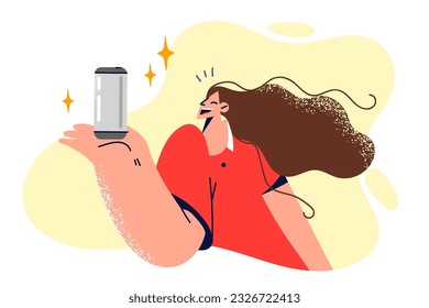 Woman with can of soda smiles, rejoicing at opportunity to quench thirst with cold tasty drink. Girl demonstrates aluminum jar for alcoholic drink or carbonated lemonade for getting rid of thirst